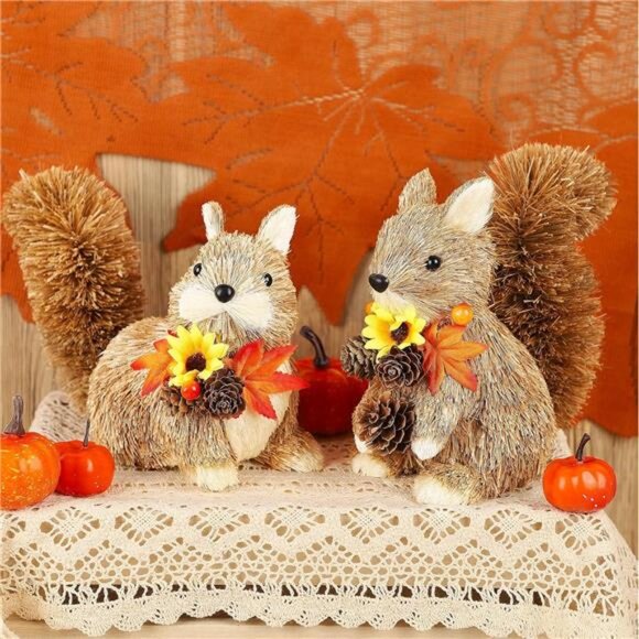 Lulu Home 2 Packs Squirrel Figurines, Handmade Straw-Woven Sitting Squirrel - Picture 2 of 7